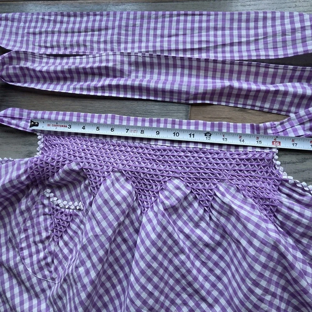 Vintage Gingham Half Apron Purple White Check Smocked Cottagecore Retro Granny